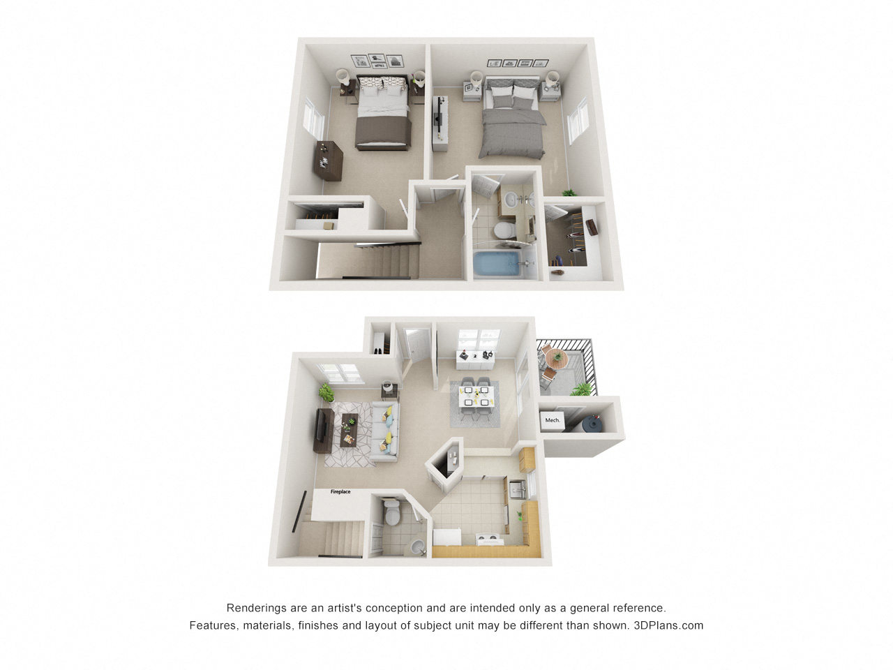 Floor plan for 2 beds, 1.5 baths, 956 sqft